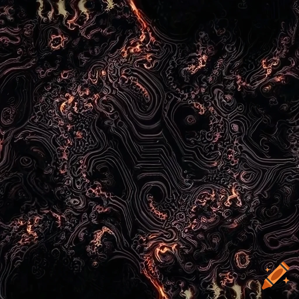 Molten fractal pattern of black and shimmering circuits