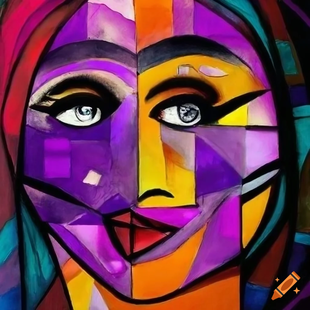 Surrealistic cubist doodles of face, rose, and various colors