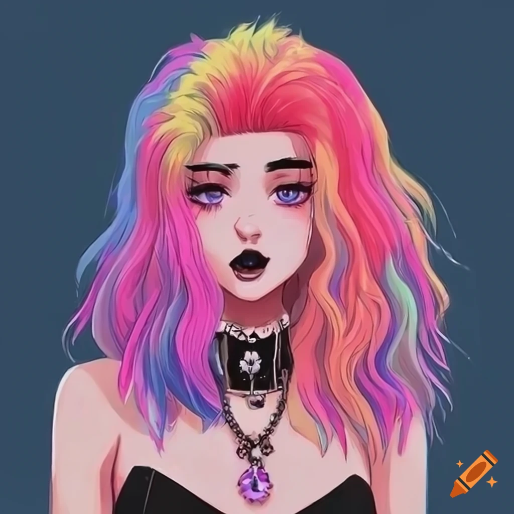Goth girl with multi-color hair in retro 80s anime style
