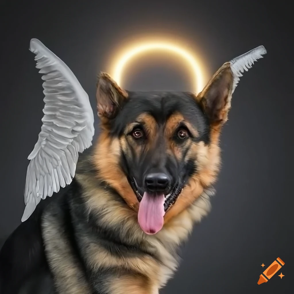Black and tan German Shepherd with angel wings and halo