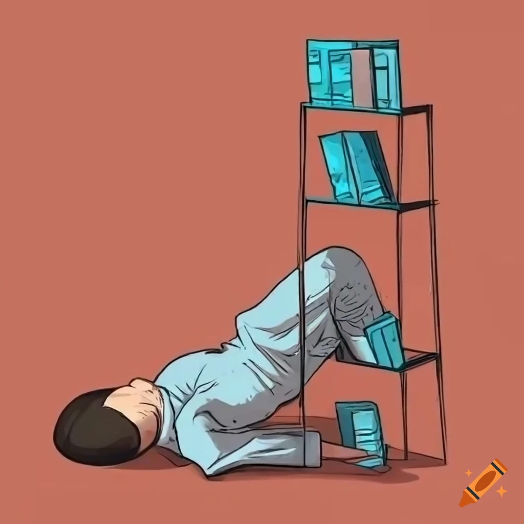 Man lying with ladder and falling binder in comic-style bookcase view
