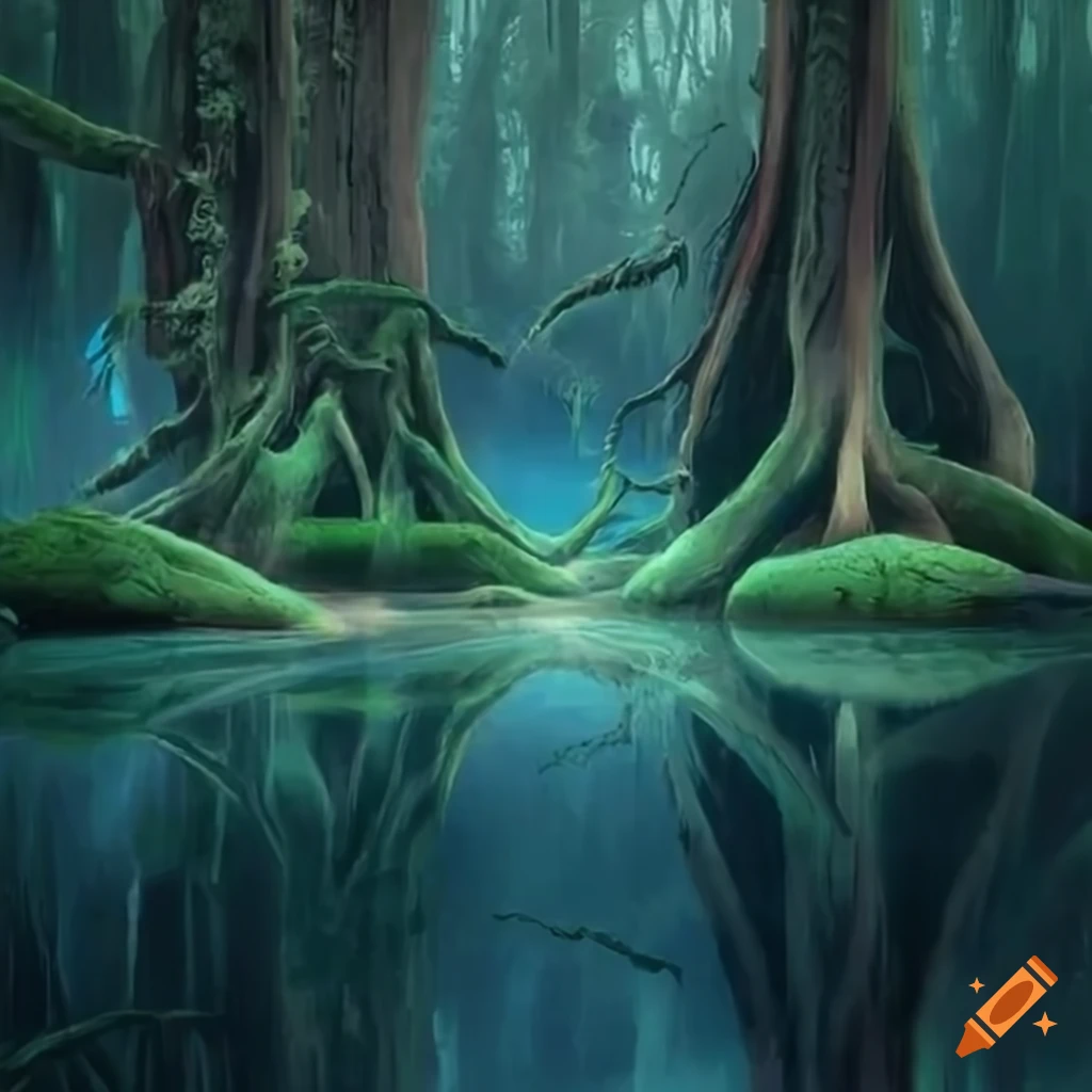 Enchanted saltwater mountain lake surrounded by an eerie forest at ...