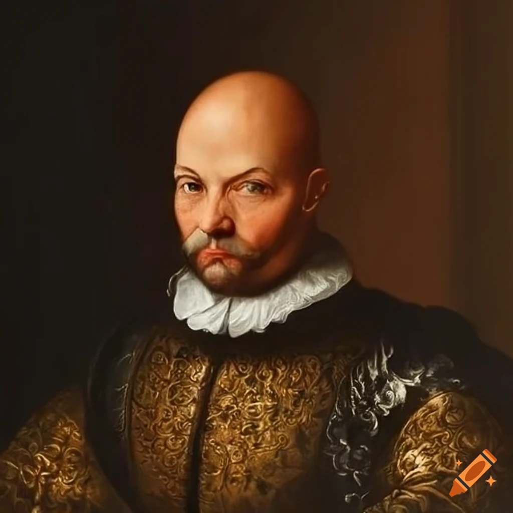 Renaissance portrait of a nobleman with a bald head and robust figure