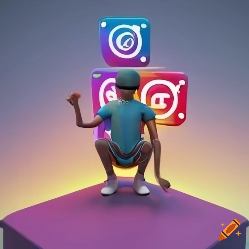 3D illustration of animated character sitting on Instagram logo in modern clothing