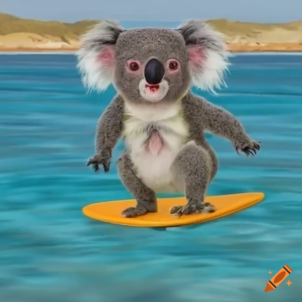 Koala surfing on a sunny beach