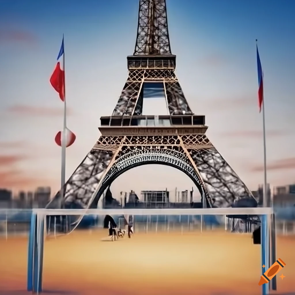 Beach volleyball stadium in front of the eiffel tower with french flags