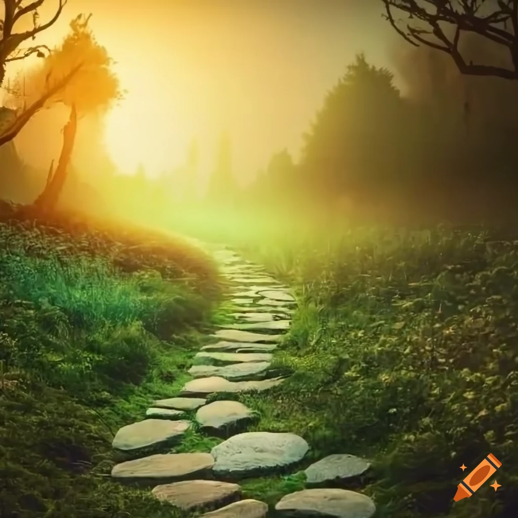 Stone Path Over A Small Hill Between Meadows At Sunrise With A Magical stone-path-over-a-small-hill-between-meadows-at-sunrise-with-a-magical