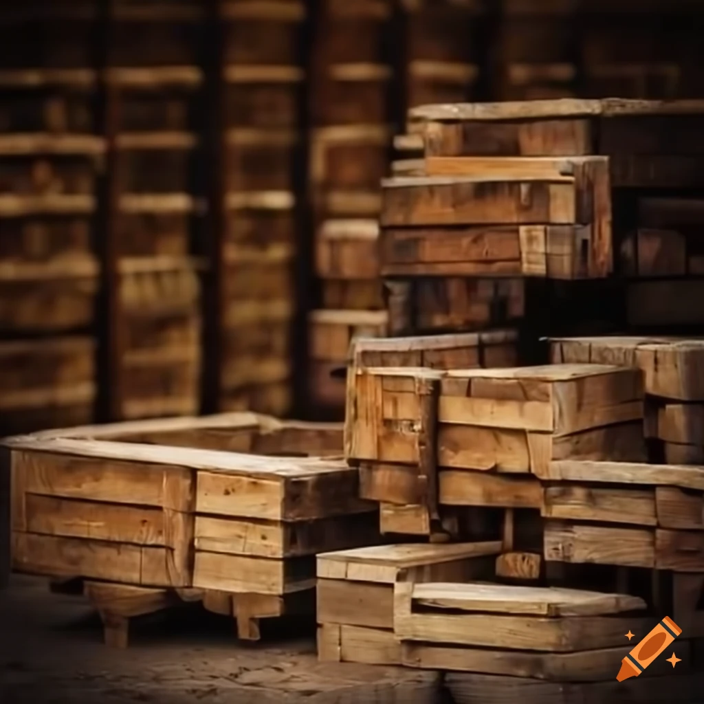 Stacked wooden crates in a rustic lumberyard