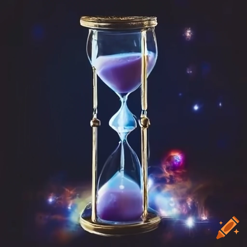 Ancient hourglass with twinkling galaxies inside