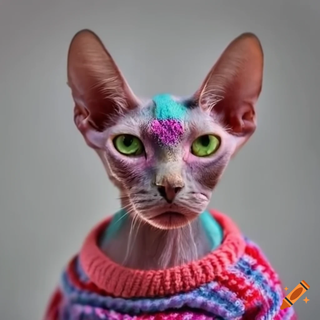 Hairless cat in a rainbow sweater on Craiyon