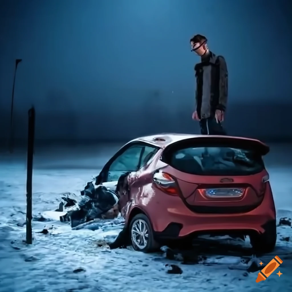 Man standing in front of crashed car in icy field