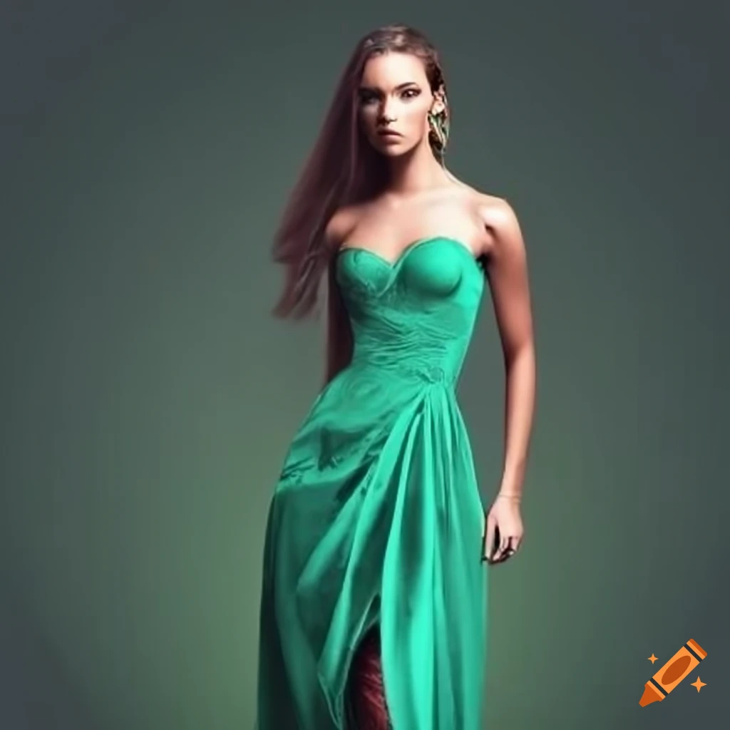 Model posing in a long green dress for a photoshoot on Craiyon