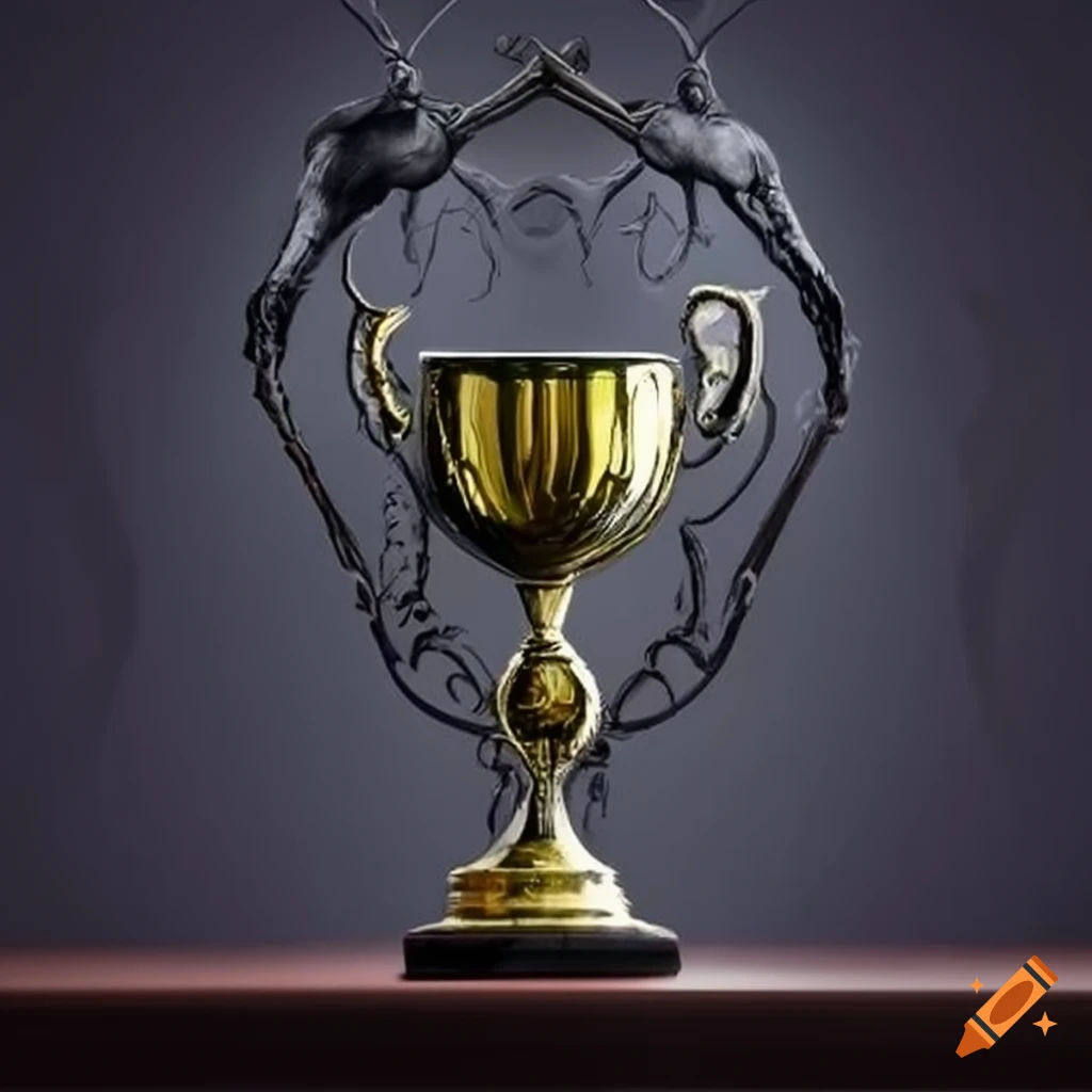 Shelf full of trophies with a ghost hovering above