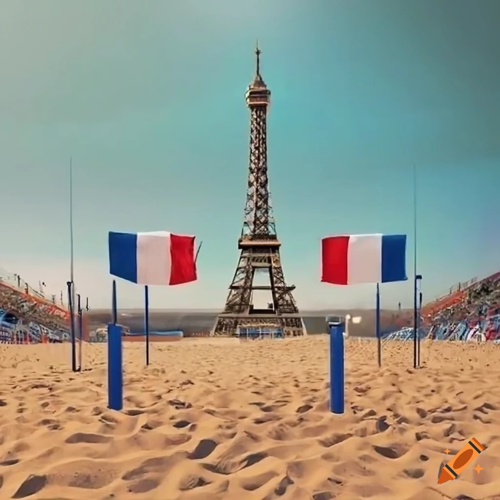 Beach volleyball stadium in front of the eiffel tower with french flags