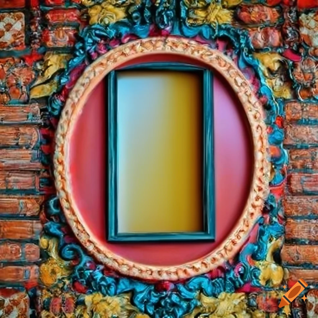 Colorful ornate oval picture frame on a wall on Craiyon