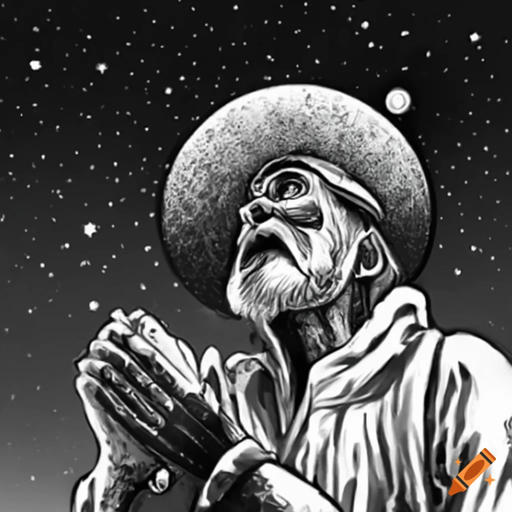 Farmer praying on the plains looking up at the universe