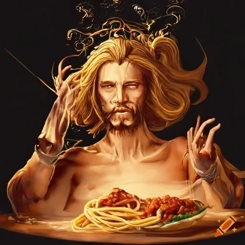 Humorous illustration of the flying spaghetti bolognese god on Craiyon