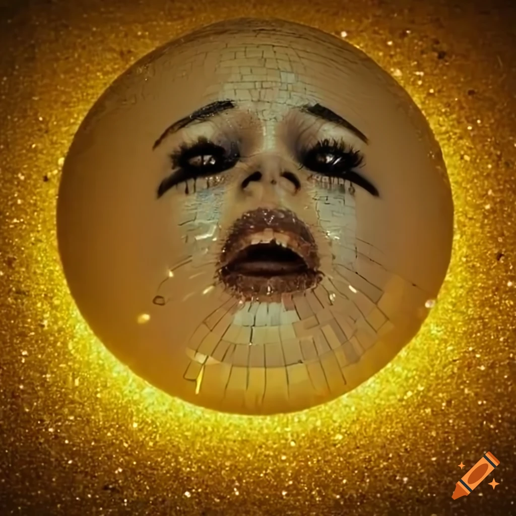 Crying face on yellow glitter dancefloor with disco ball