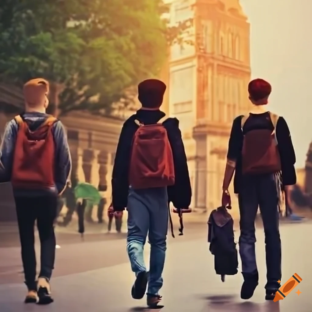 Group of young men walking towards a college
