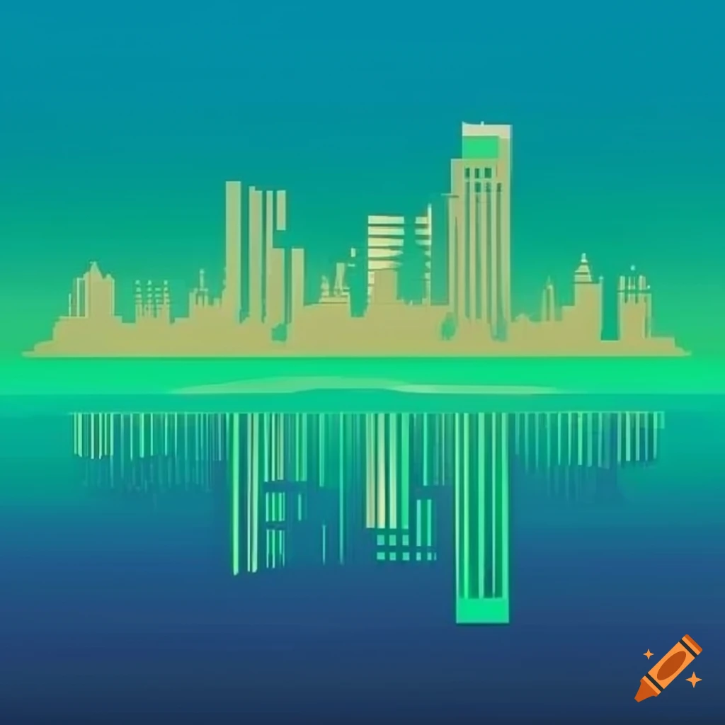City skyline in cubist style with reflection in the sea and blue sky