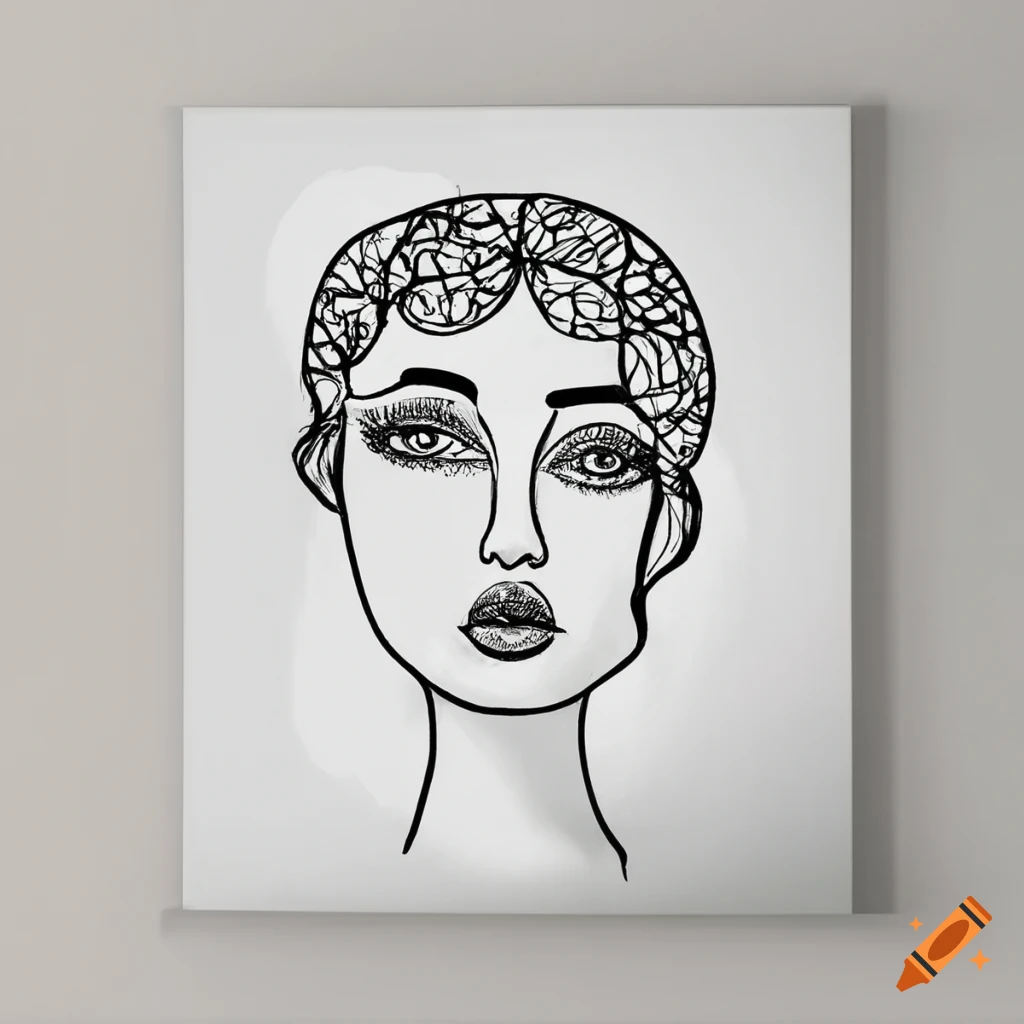 Whimsical minimalist black and white line drawing inspired by klimt