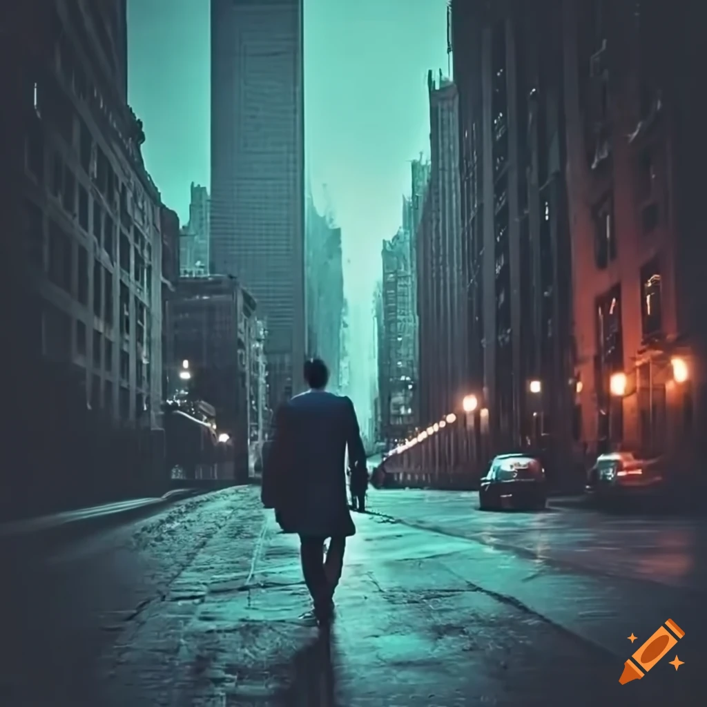 Private detective walking down a New York street at night with moody ...
