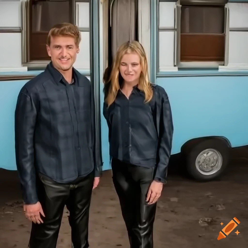 Irimia twins in blue plaid shirt and black leather trousers standing in doorway of old caravan trailer
