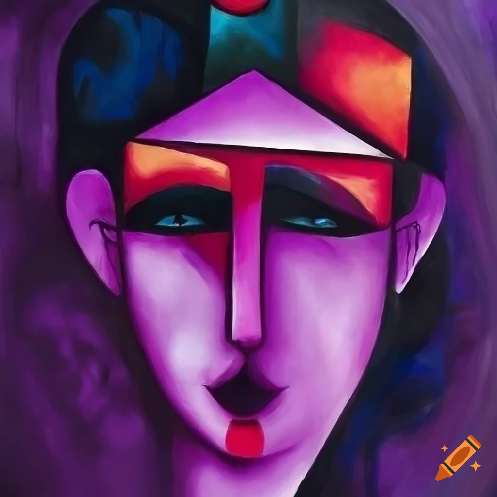 Surrealistic cubist doodles of face, rose, and various colors