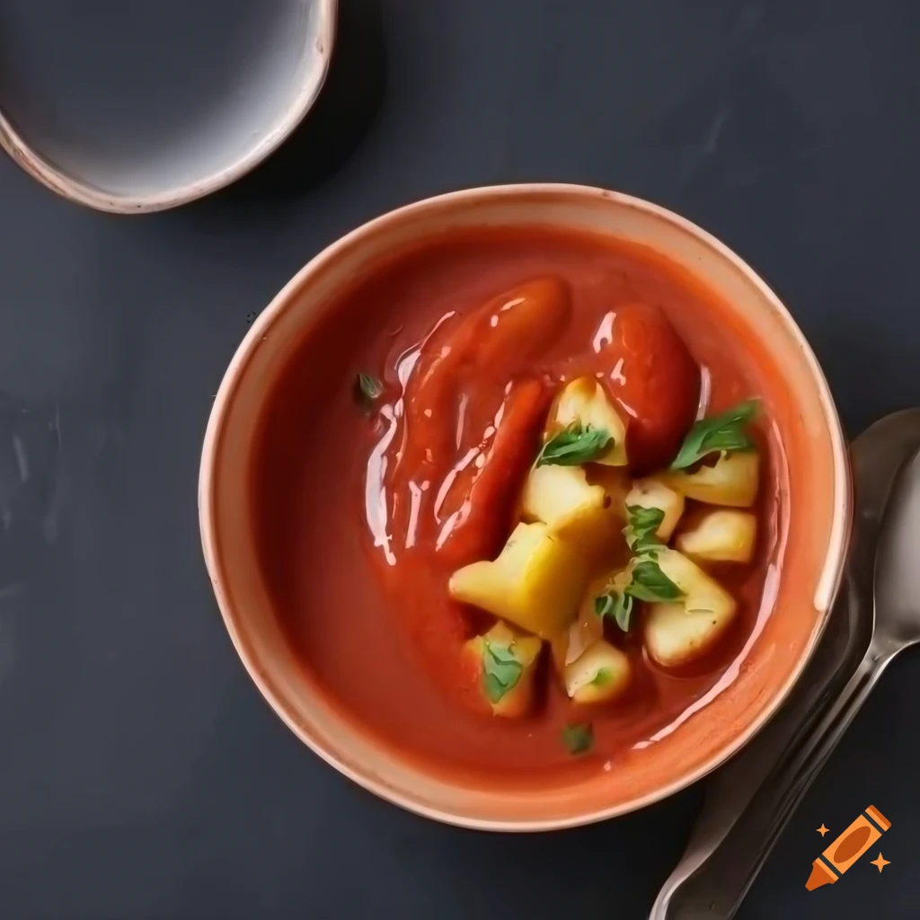 Potatoes in red sauce in a pottery mold from top view on Craiyon
