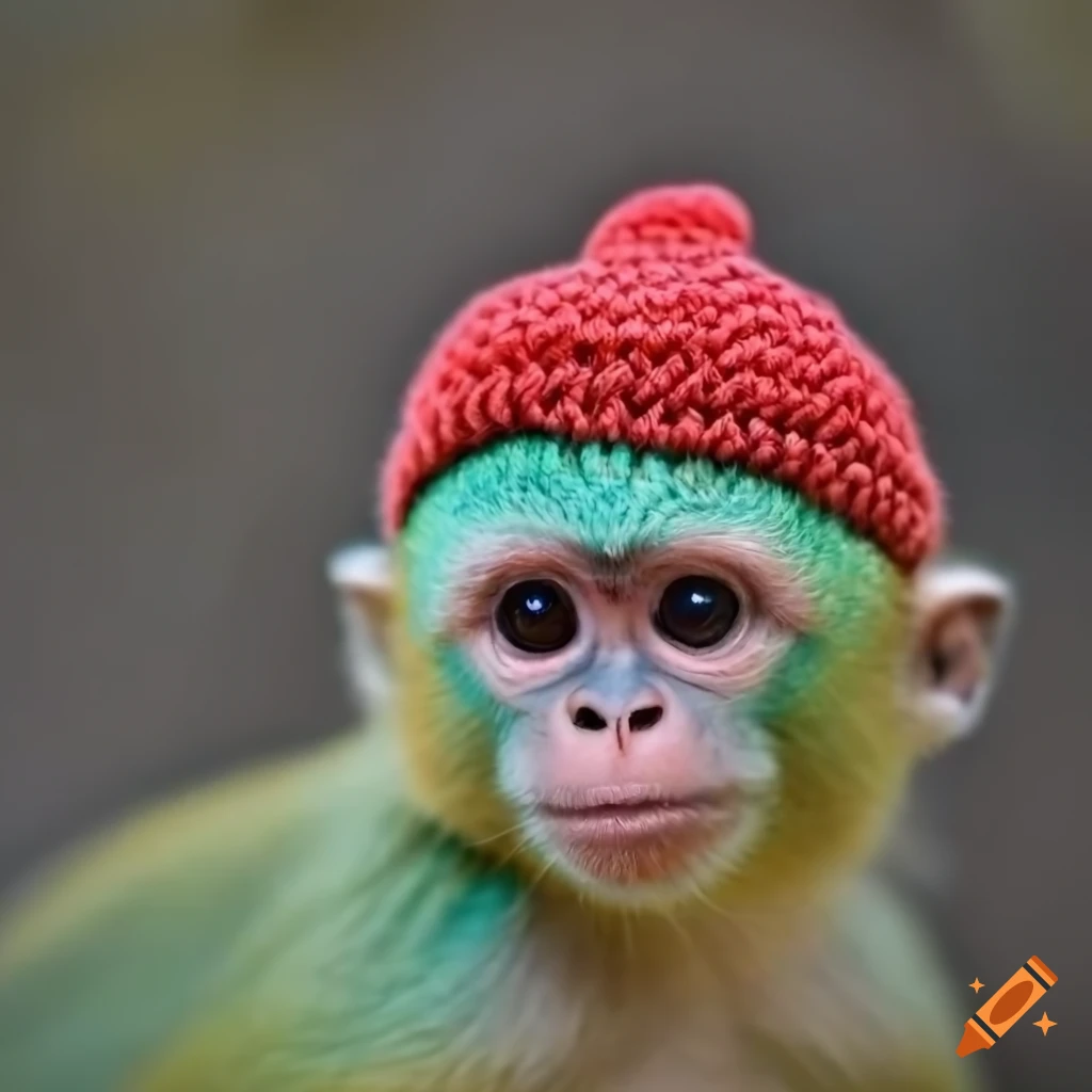 Teal and green monkey wearing a red beanie on Craiyon