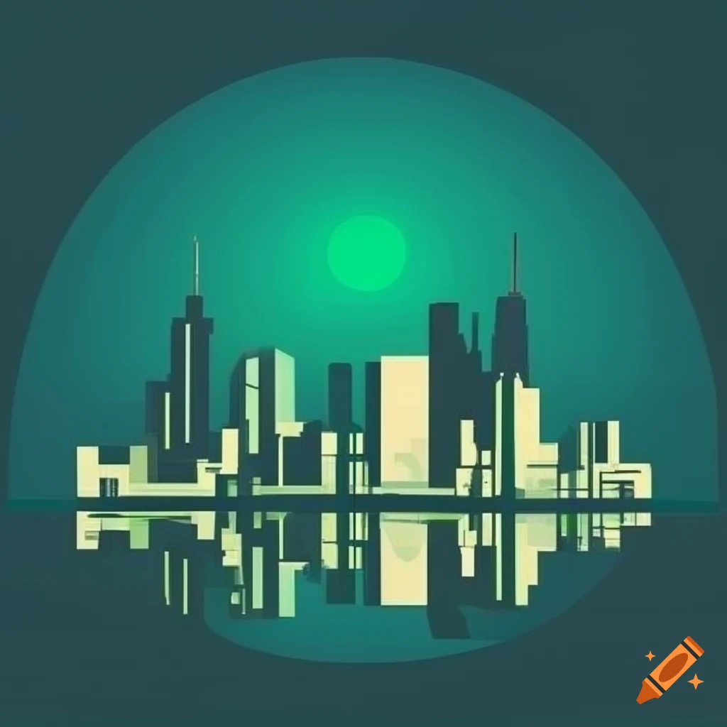 City skyline in cubist style with reflection in the sea and blue sky