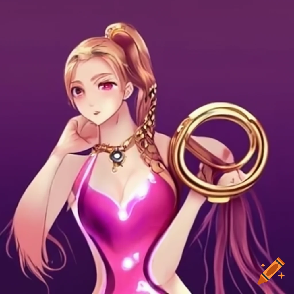 Arina, powerful goddess with pink eyes, ponytail, and athletic leotard with gold rings