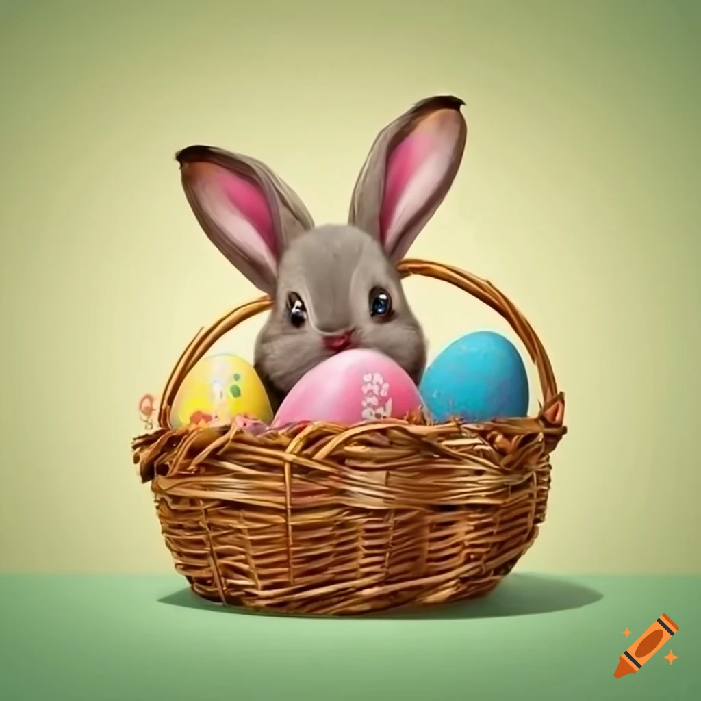 Easter bunny with eggs and basket in high definition on Craiyon