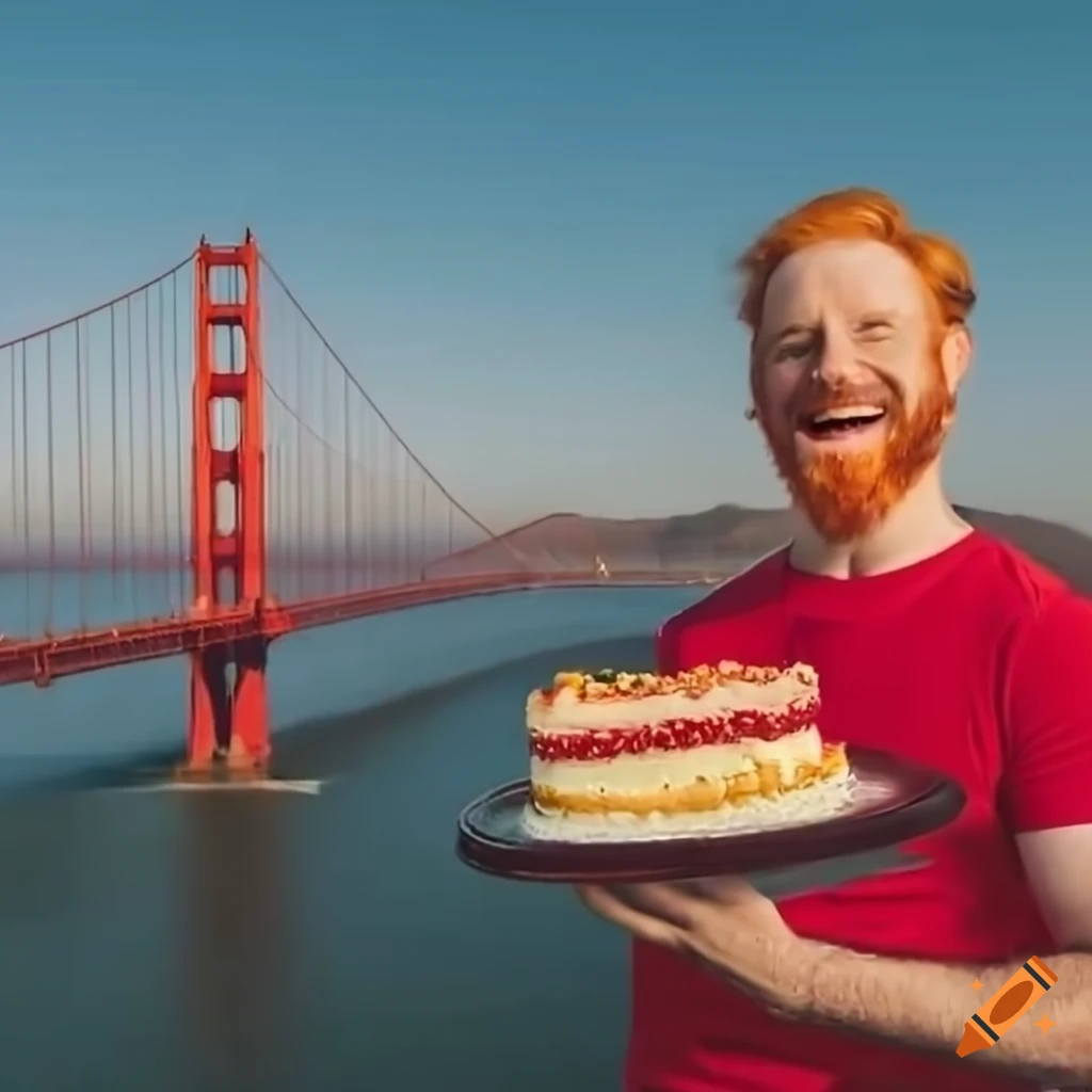 Happy redhaired man with wine and birthday cake at the golden gate
