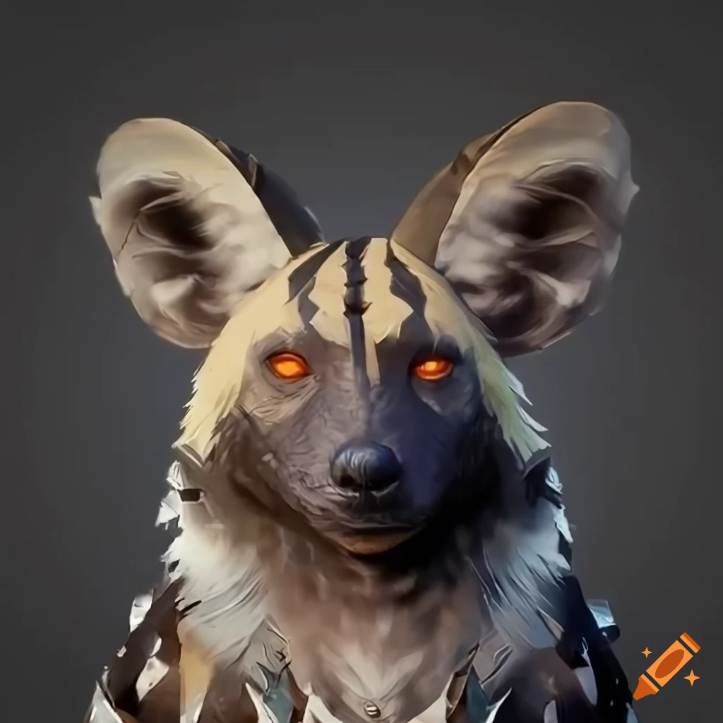 African wild dog spirit with creepy grin and orange eyes in Dragon Age style