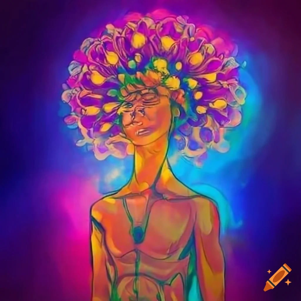 Man with flower-like skin embracing growth and newness with a radiant spirit