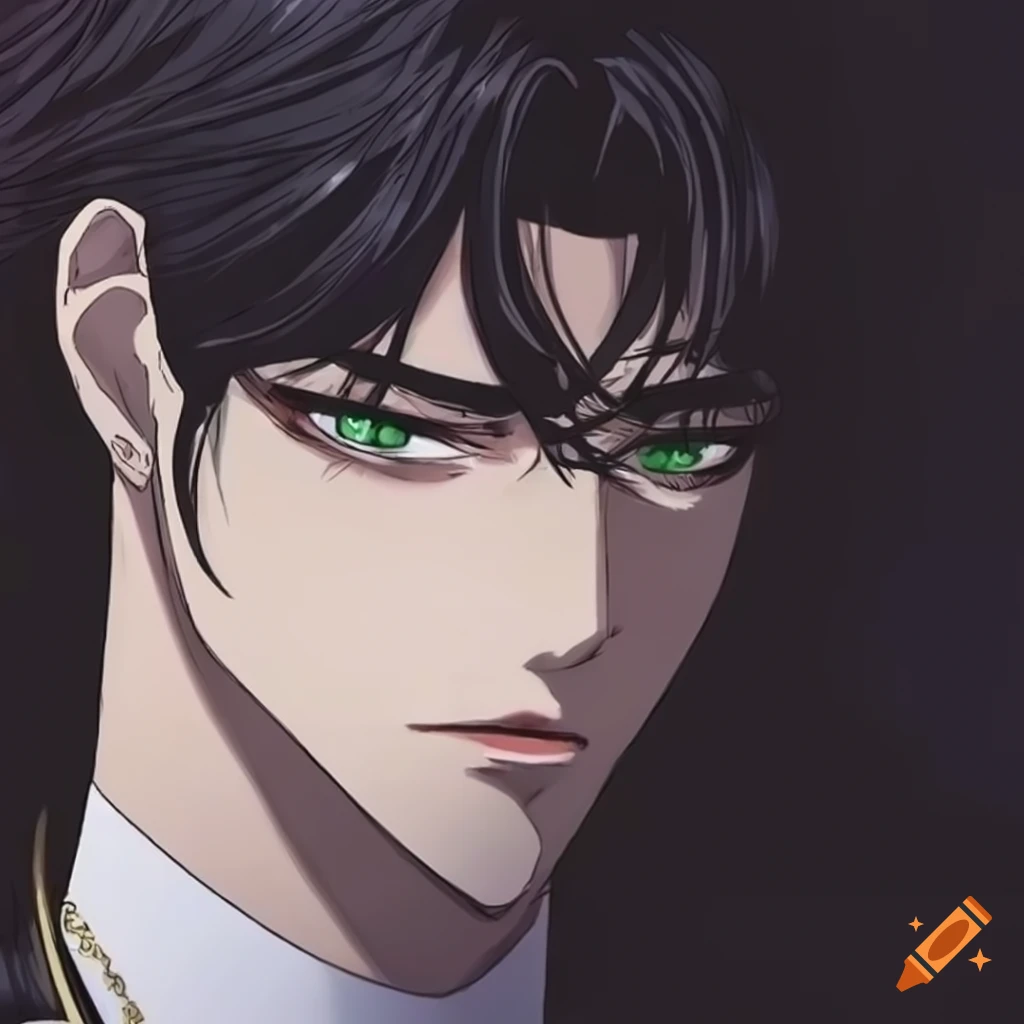 Handsome dark-haired manhwa prince with captivating green eyes and neck-length hair