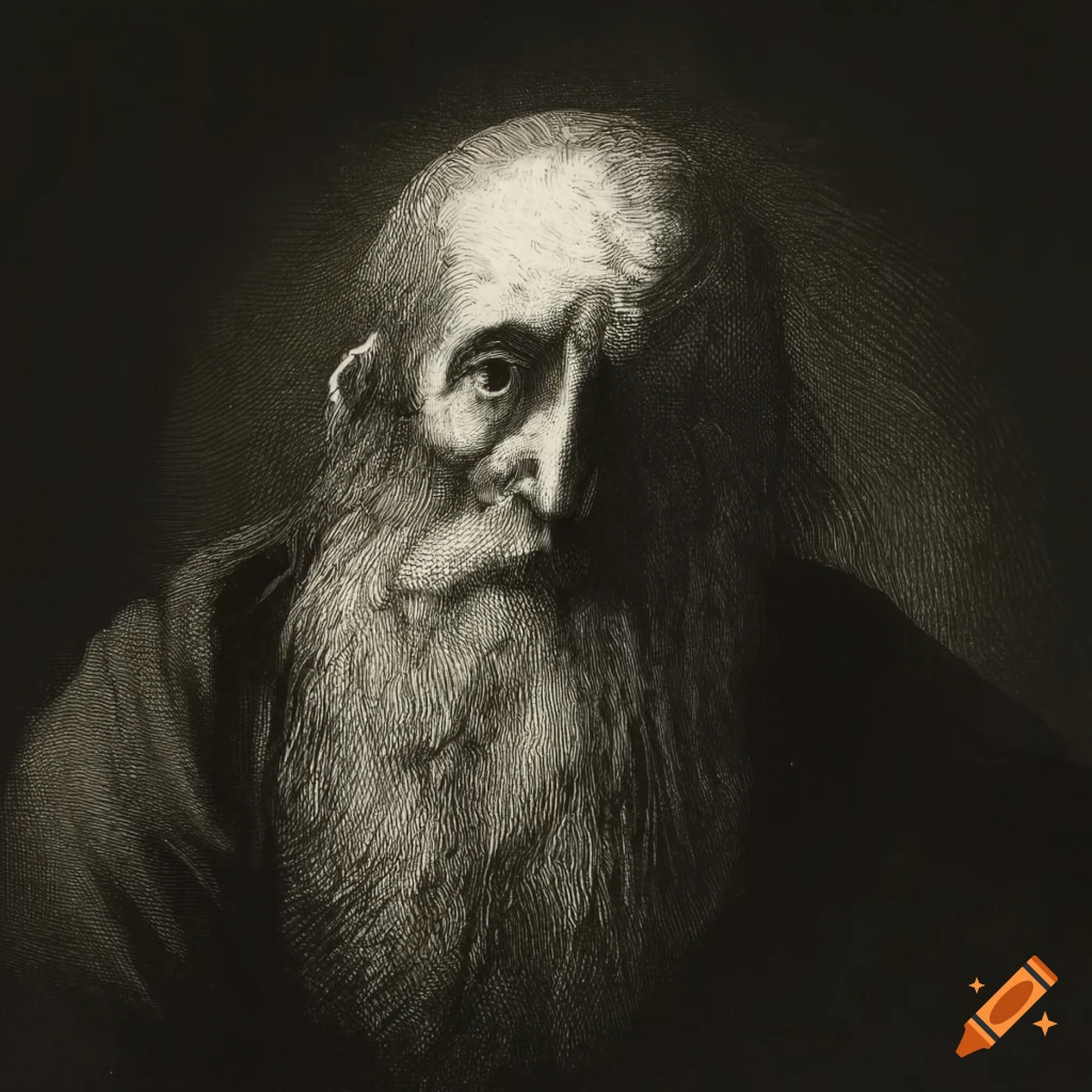 Hermit depicted in 1800s etching in black and white