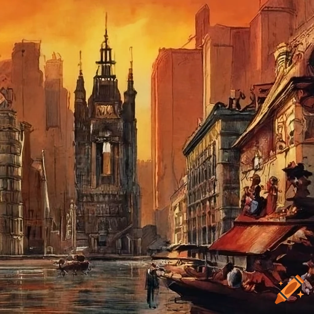 Cityscape by James Gurney with high definition details on Craiyon