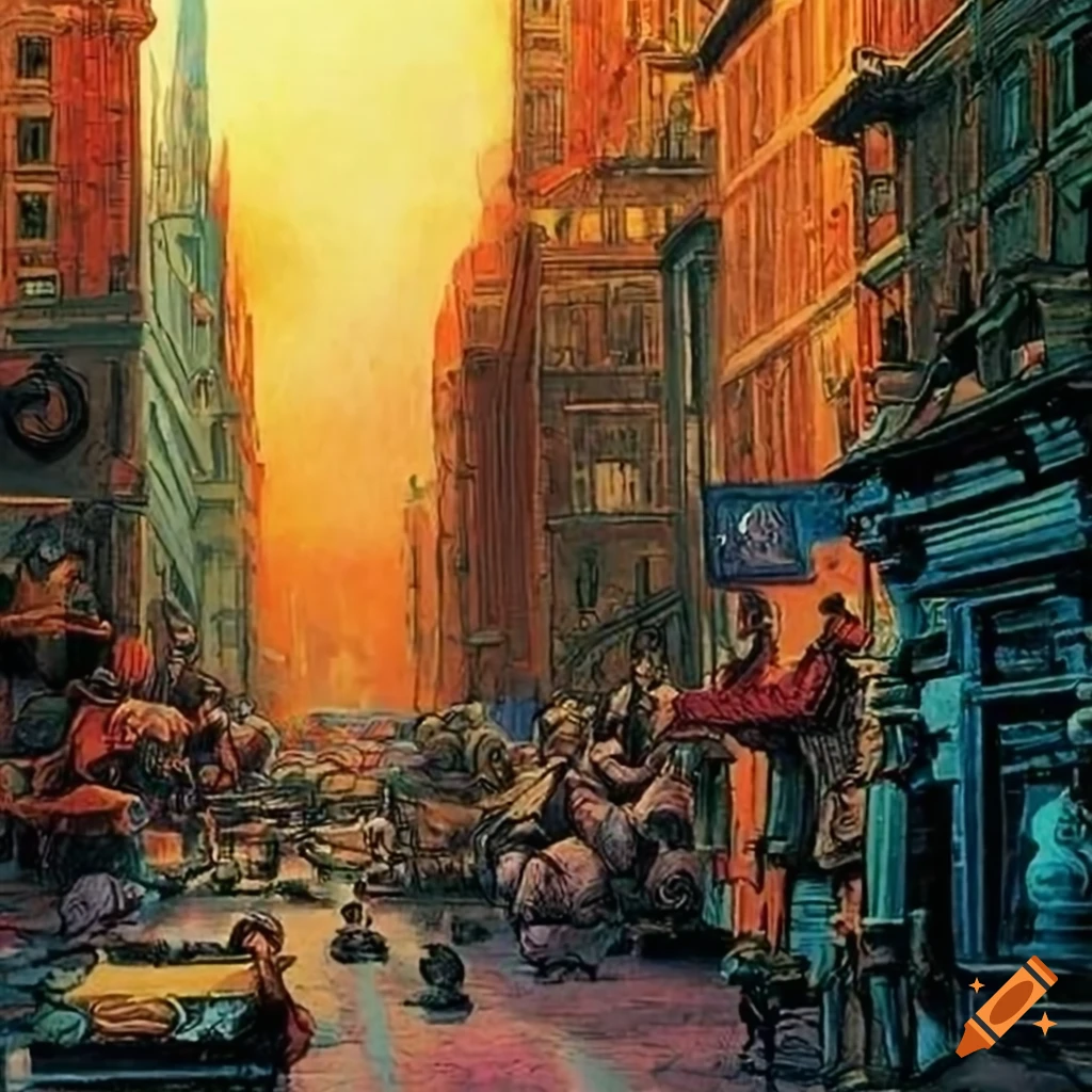 Iridescence lsd, james gurney cityscape, graphic novel by norman