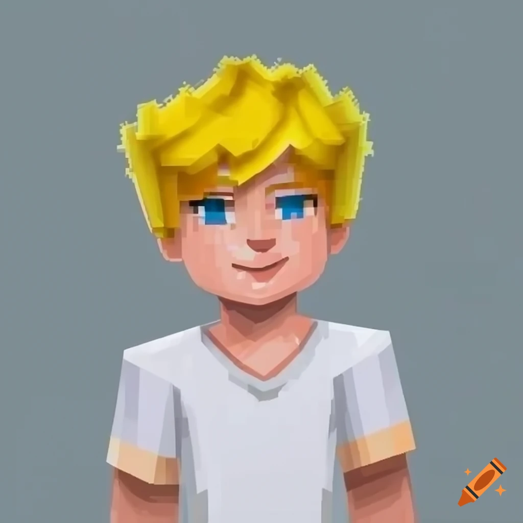 Minecraft character with yellow hair, blue eyes, and confident smile on