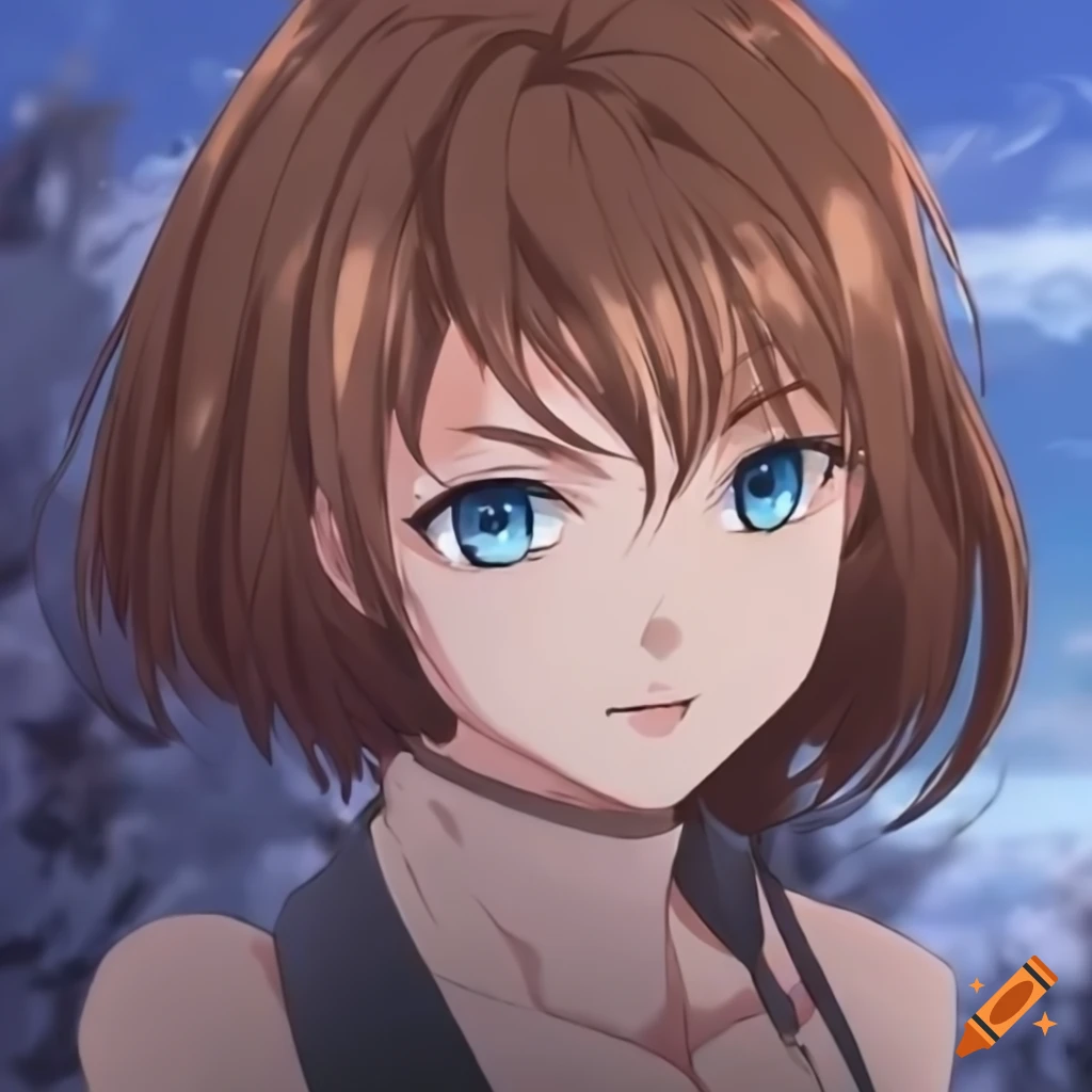Empowered young anime woman with flowing brown hair and blue eyes