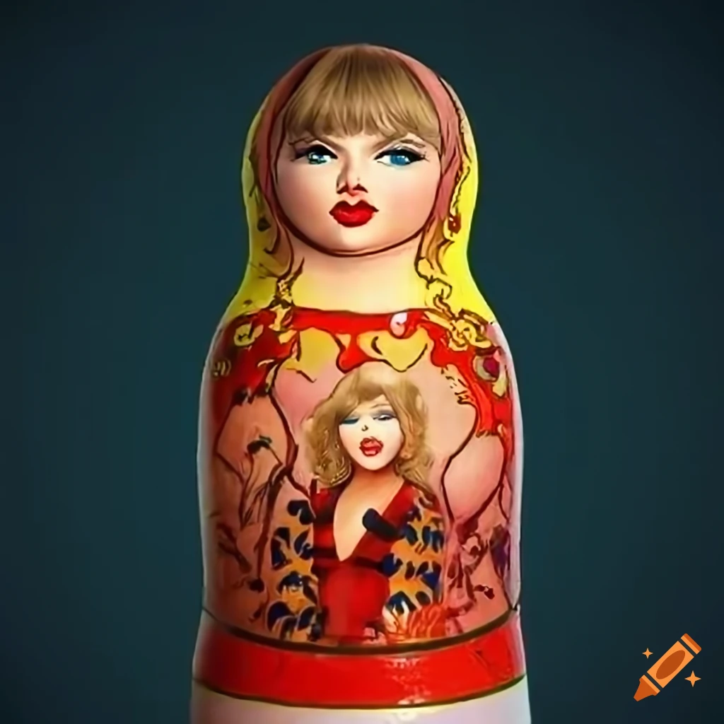 Humorous depiction of Taylor Swift on a Russian matryoshka doll in digital art