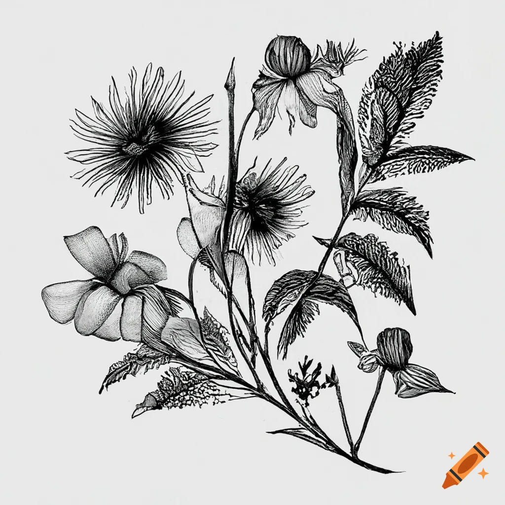 Botanical black and white drawing of wildflowers on Craiyon