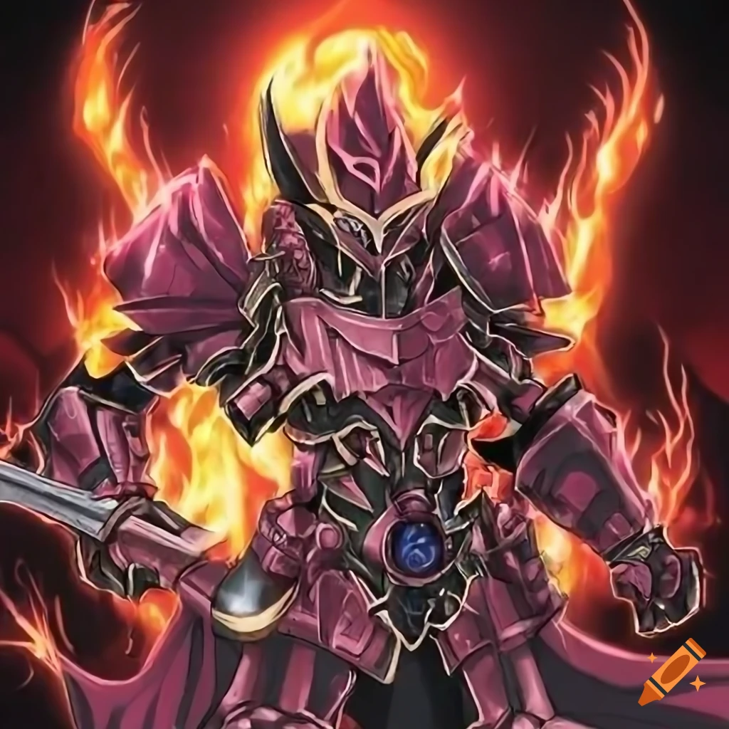 Armored warrior surrounded by flames in Yu-Gi-Oh art style