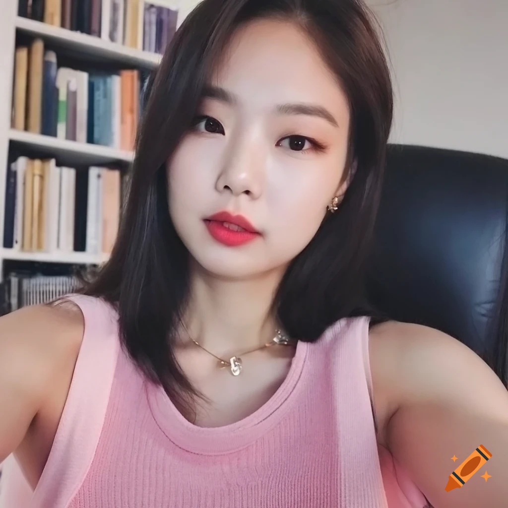 Selfie Of A Cute Asian Girl In An Office Setting Wearing A Pink Sweater