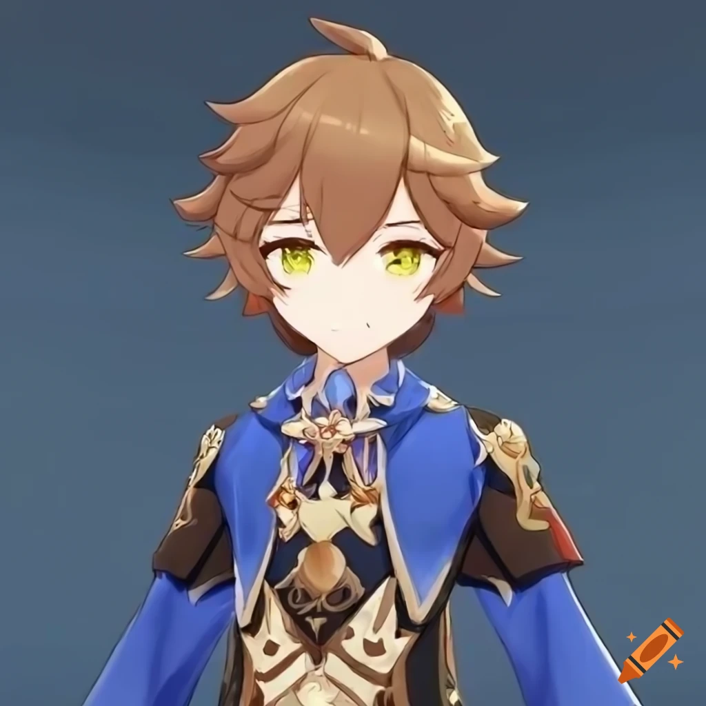 Genshin Impact male character with short brown hair and colorful clothing