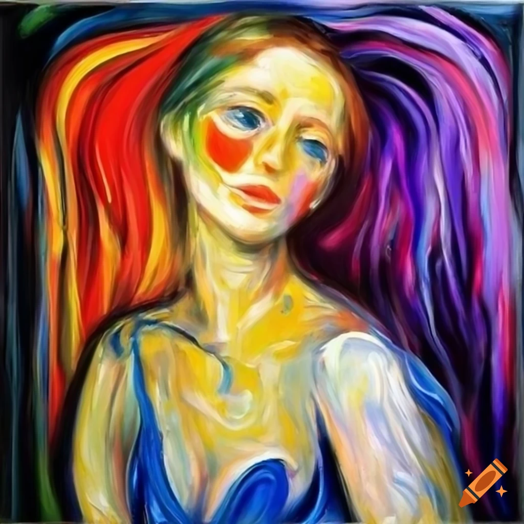 Abstract modern oil painting with red, green, pink, yellow, blue, black