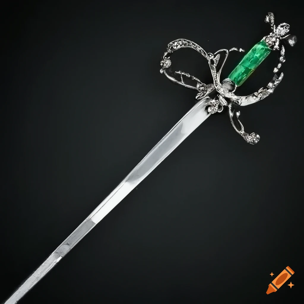 Silver bladed rapier with platinum handguard and emerald studs on Craiyon