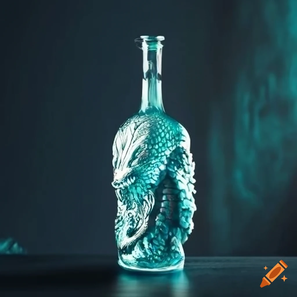 Sophisticated glass rum bottle with a mythical dragon design on Craiyon